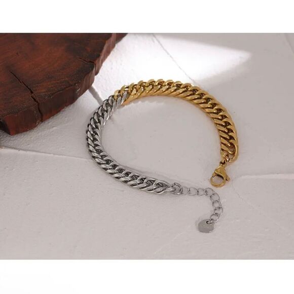 18K Gold Plated Two Toned Chain Bracelet 7”+1” extension - Picture 5 of 6